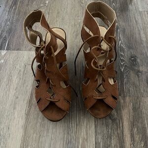 Brown Lace-Up Women's Wedges